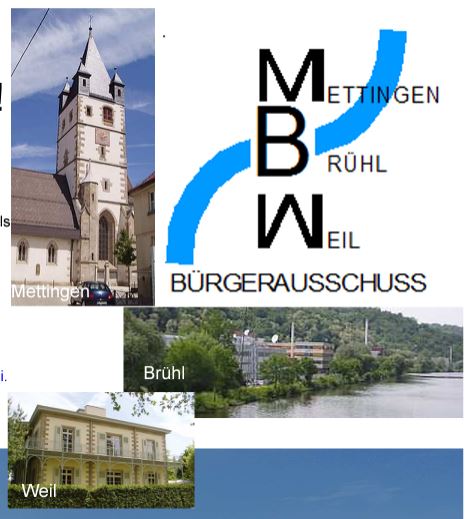 Bilder der Stadtteile Mettingen, Brühl und Weil und das Logo des Bürgerausschusses MBW