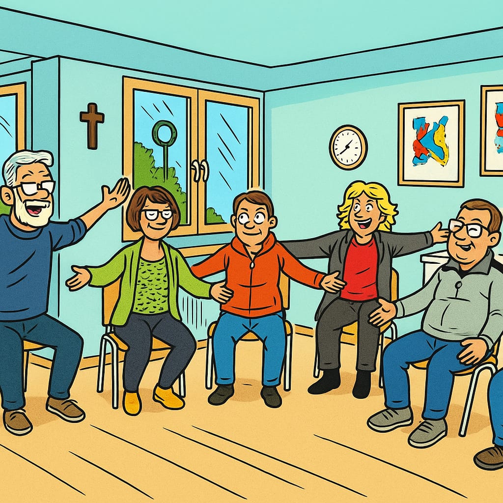 eine Gruppe von Menschen bei sportlicher Betätigung im Sitzen