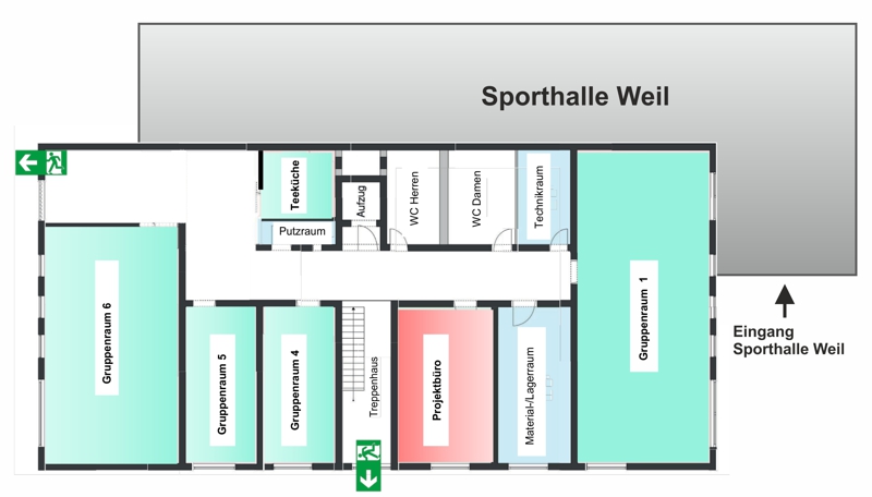 Grundriss Sozial und Gruppenräume Sporthalle Weil