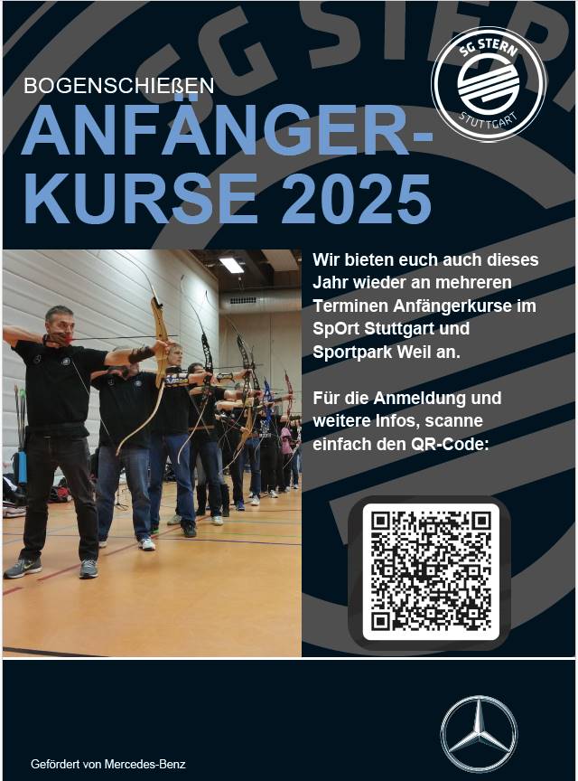 Das Bild zeigt das Plakat der SG Stern. Bogenschützen sind in einer Reihe in einer Halle mit gespanntem Bogen aufgestellt. Es enthält einen Text und einen QR-Code, der zur Anmeldeseite für die Kurse führt.