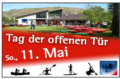 Flyer vom Tag der offenen Tür bei den Kanuten mit dem Vereinshaus im Hintergrund sowie Scherenschnitten von den angebotenen Disziplinen Kanadier, Kajak, StandUp Paddeling und Kanu-Salom