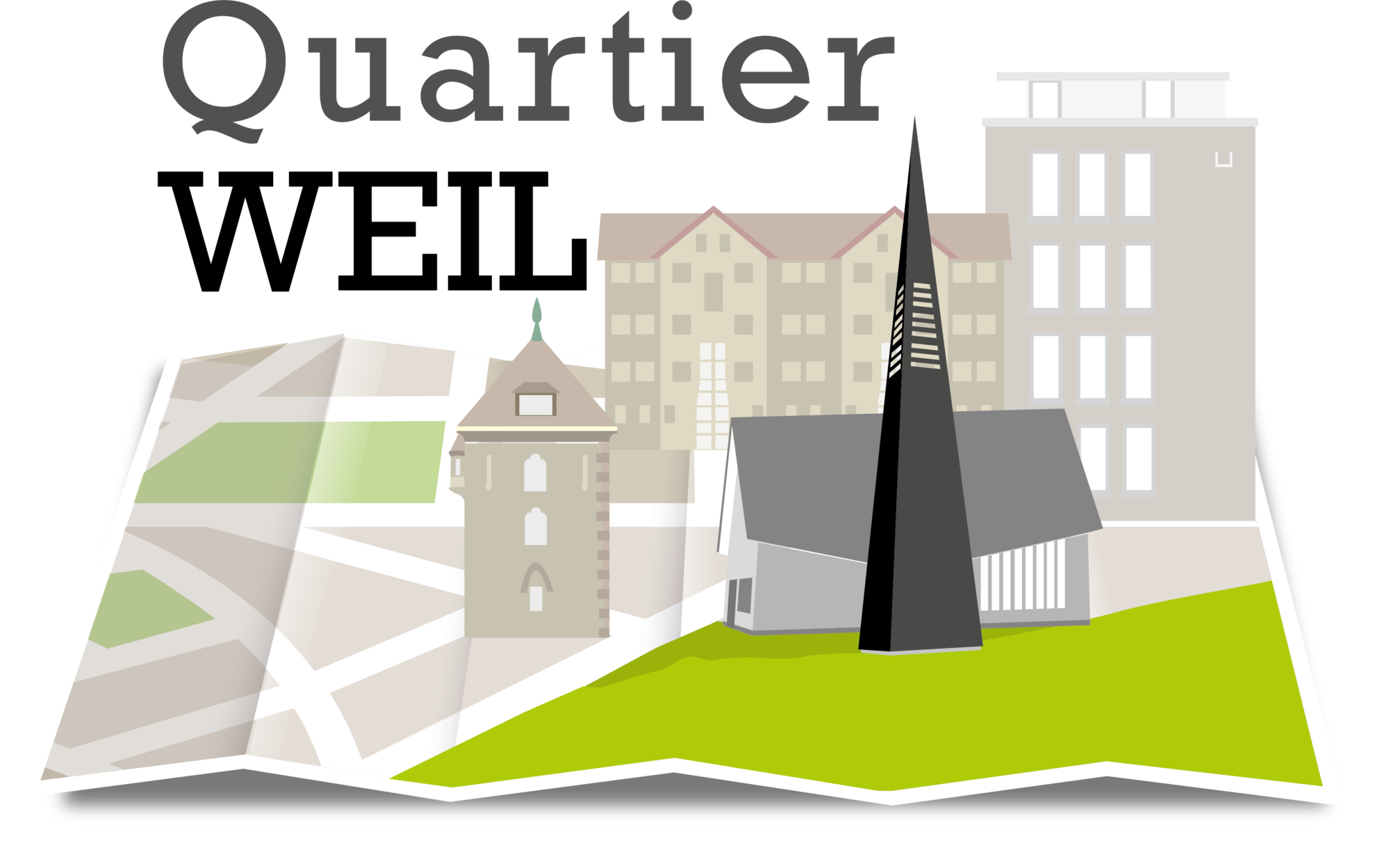 Das Logo des Quartier Weil ist eine Straßenkarte mit einem Bild der Lukaskirche im Mittelpunkt