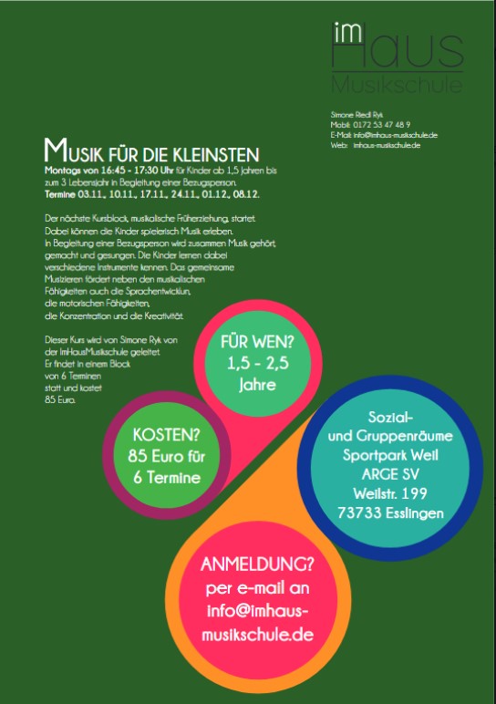 auf einem tannengrünnen Hintergrund finden sich auf bunten Sprechblasen die Details zum Kurs