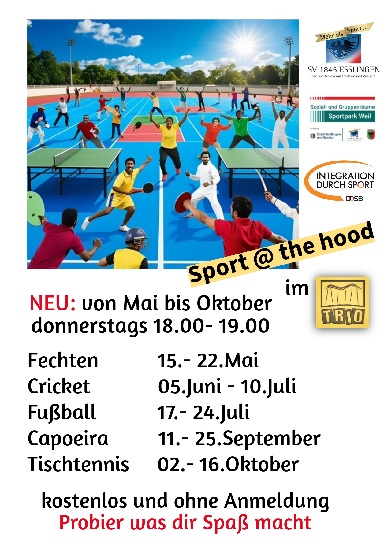 auf einem blauen Spielfeld tummeln sich verschiedene Sportarten wie Tischtennis, Fußball, Cricket, Capoera und haben viel Spaß, außerdem sind dort die einzelnen Termine im Überblick gelistet