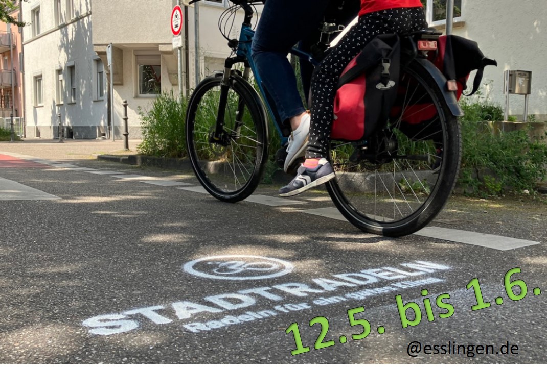 eine Radfahrerin mit einem Kind auf dem Gepäckträger fährt auf einer Straße mit Stadtradelnlogo